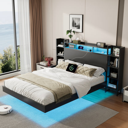 Queen Size Floating Bed Frame with USB Charging Station, Storage Headboard and with Led Light, Heavy Duty Metal Platform Bed Frame, No Box Spring Needed, Black image 4