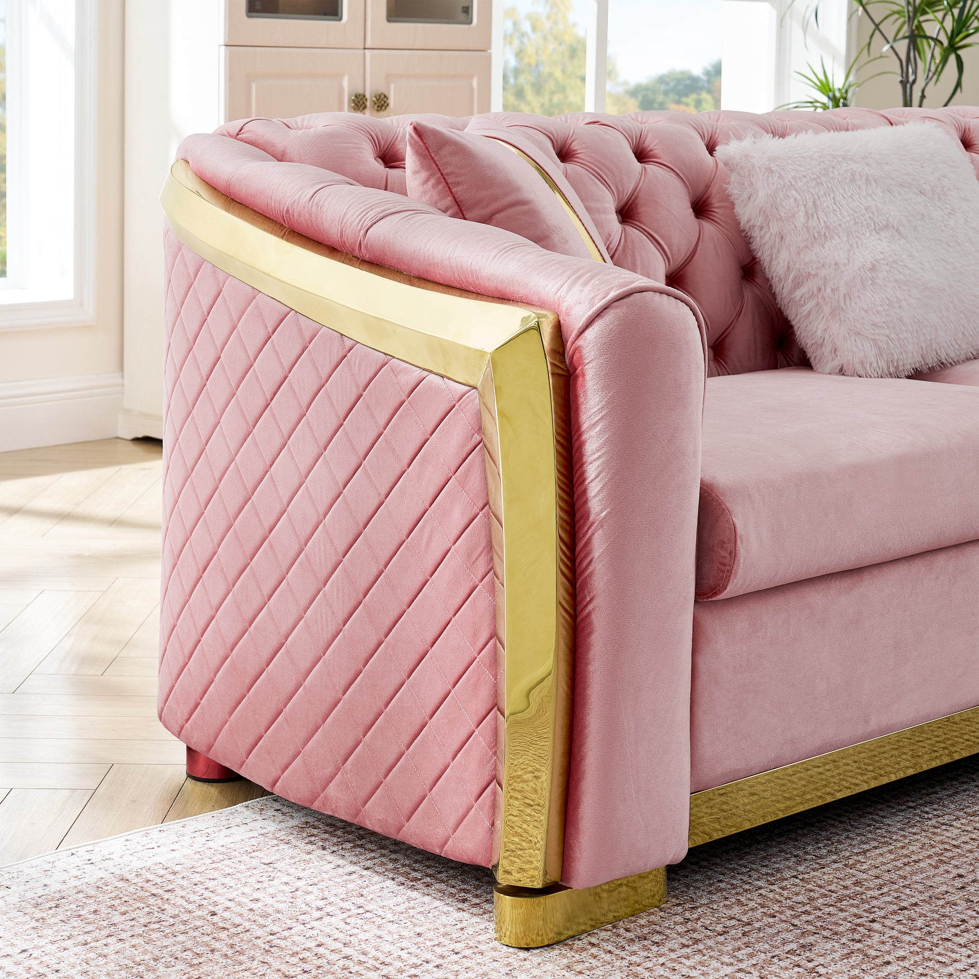 106 Inches L-Shaped Chesterfield Sectional Sofa Set with Gold Stainless Steel Accents, Velvet Button Tufted Sofa with 5 Pillows Luxury Couch for Living Room, Pink image 5