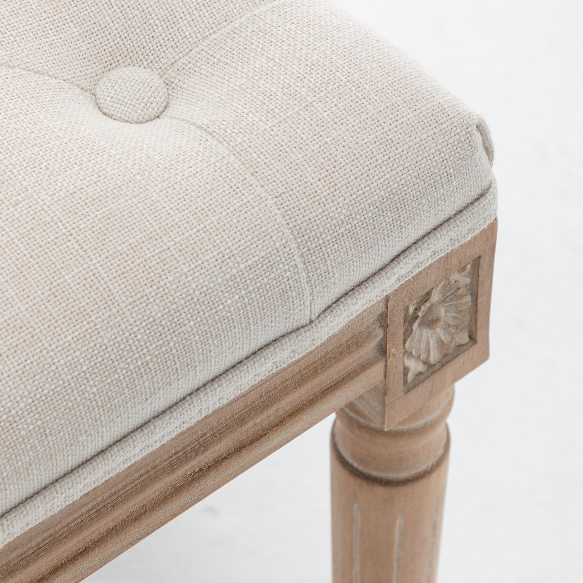 Tufted Vanity Stool with Linen Upholstery & Carved Solid Wood Legs, Dressing Bench for Bedroom, Beige image 10