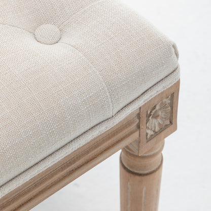 Tufted Vanity Stool with Linen Upholstery & Carved Solid Wood Legs, Dressing Bench for Bedroom, Beige image 10