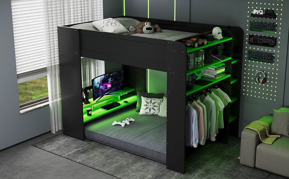 Full Size Wood Bunk Bed with height-adjustable Desk,Wardrobe,Ample Storage Space,and RGB Light, Green(OLD SKU:LT000266AAG) image 4