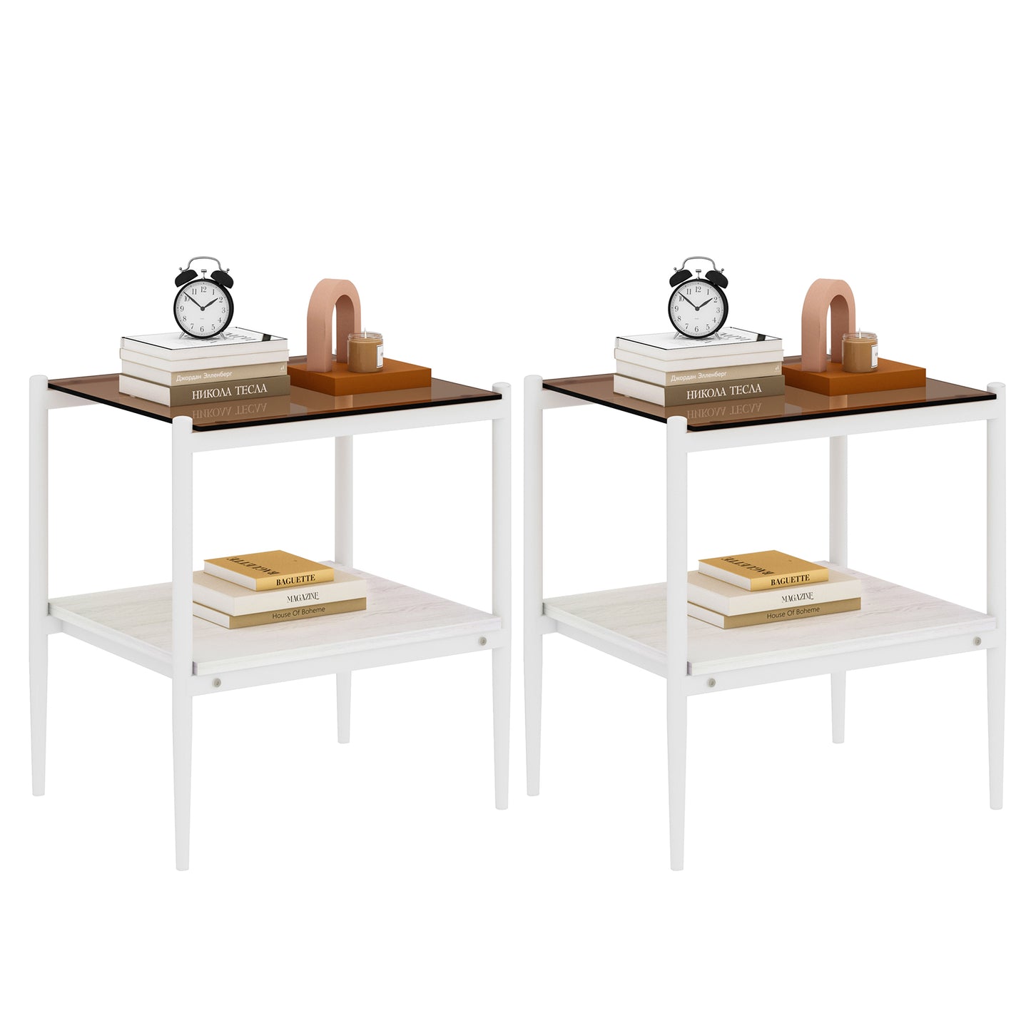 Set of 2 Rectangle End Table, Tempered Glass Tabletop with MDF layer, Modern Table for Living Room, Brown Glass image 5