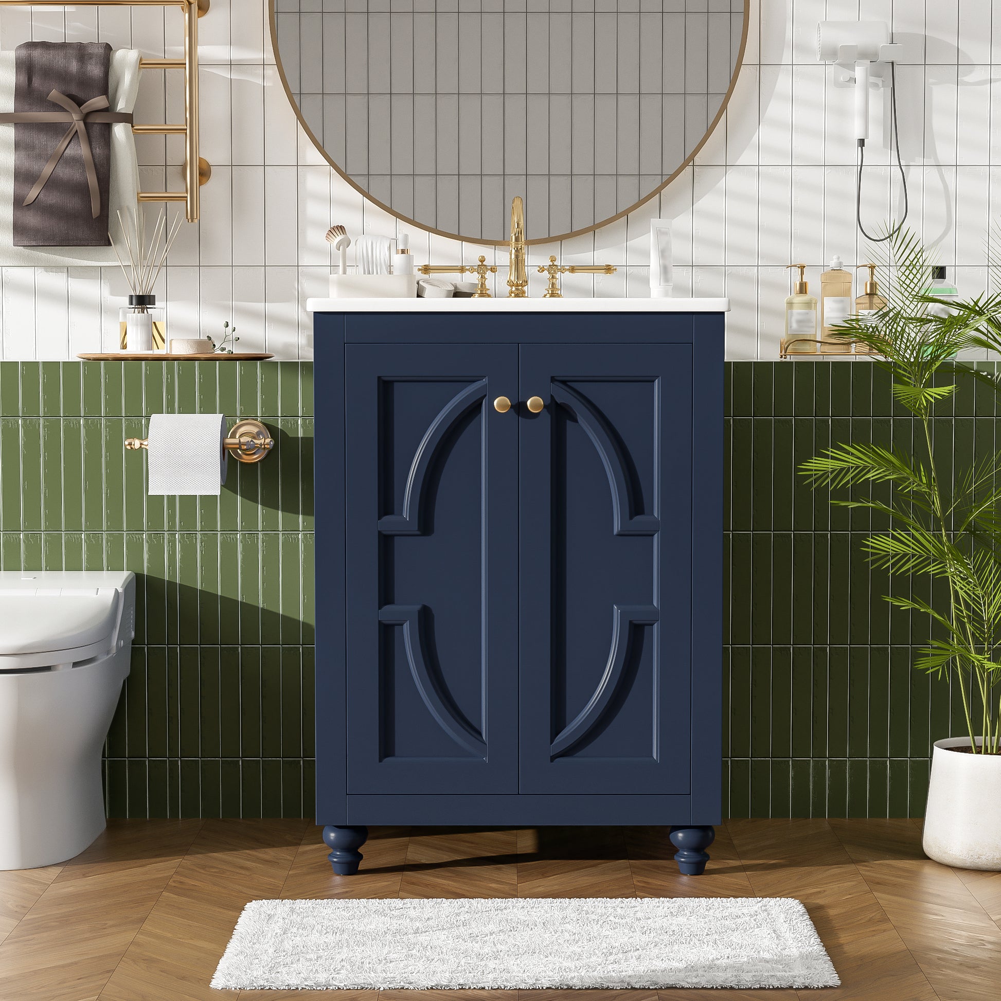 24" Modern Bathroom Vanity with Ornate Elliptical Motif Design & Soft-Close Hinges, Bathroom Cabinet with Back Open Structure, Ball-Turned Legs with French Elegance image 4