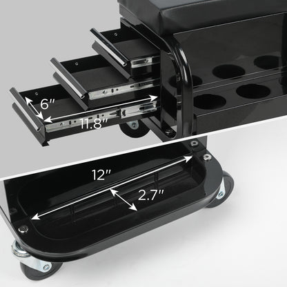 Rolling Creeper Garage/Shop Seat with Three Built-in Drawers, Rolling Tool Chest,Black image 5