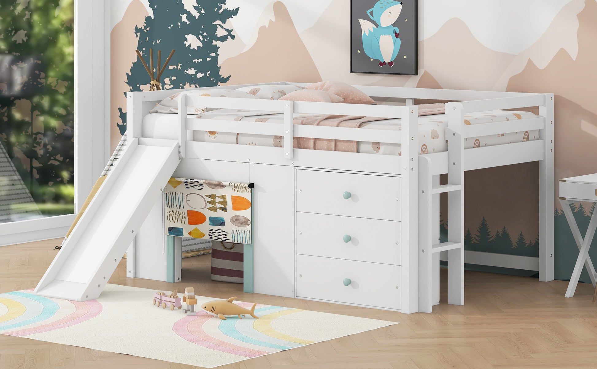 Full Size Low Loft Bed with Slide,Three Storage Drawers and Two Doors,White image 4