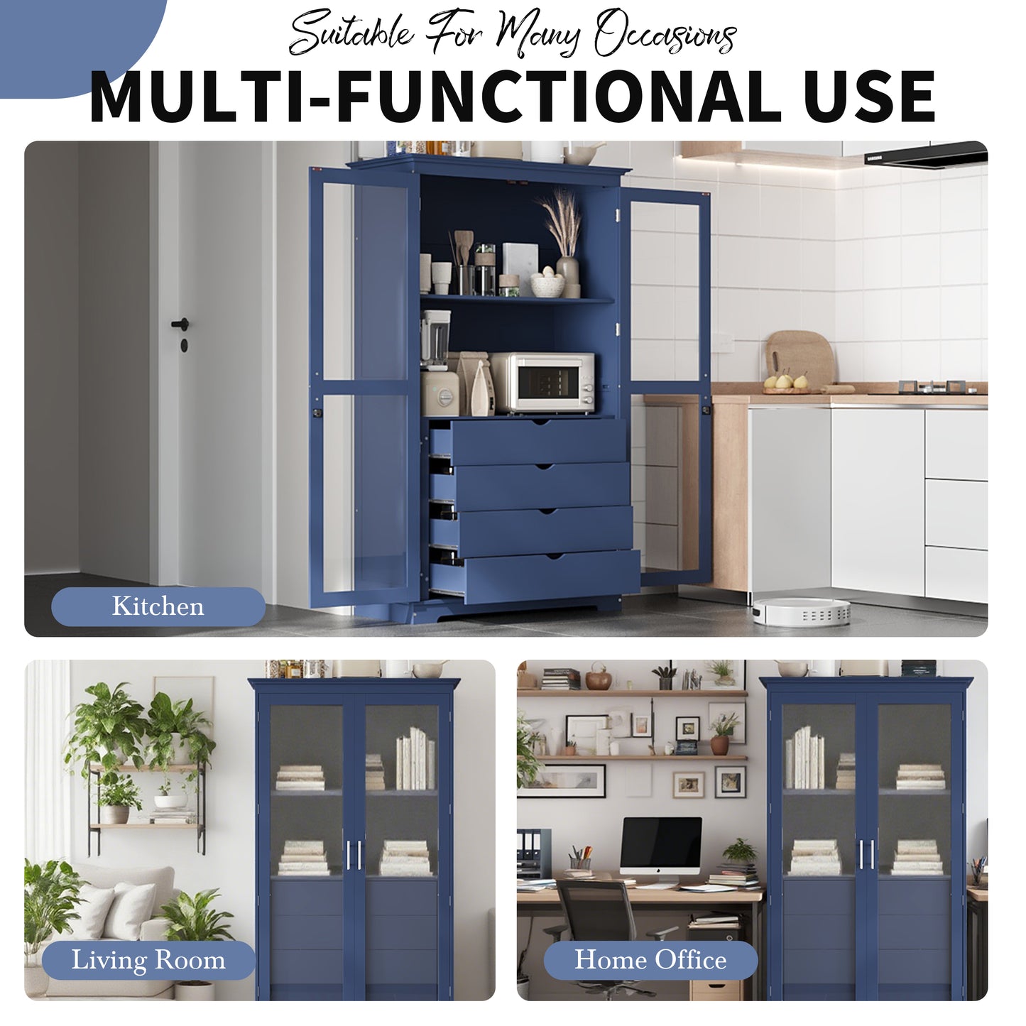 TOPMAX 44.7x20x75inch Kitchen Pantry, Freestanding Kitchen Storage Cabinet Display Cabinet with Glass Doors and 4 Built-in Drawers for Living Room, Home Office, Blue image 9