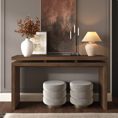 60'' Antique Brown Farmhouse Console Table - Retro Wooden Entryway Table with Double Board Suspension Design, Solid Wood & MDF, Sofa Table for Living Room image 2