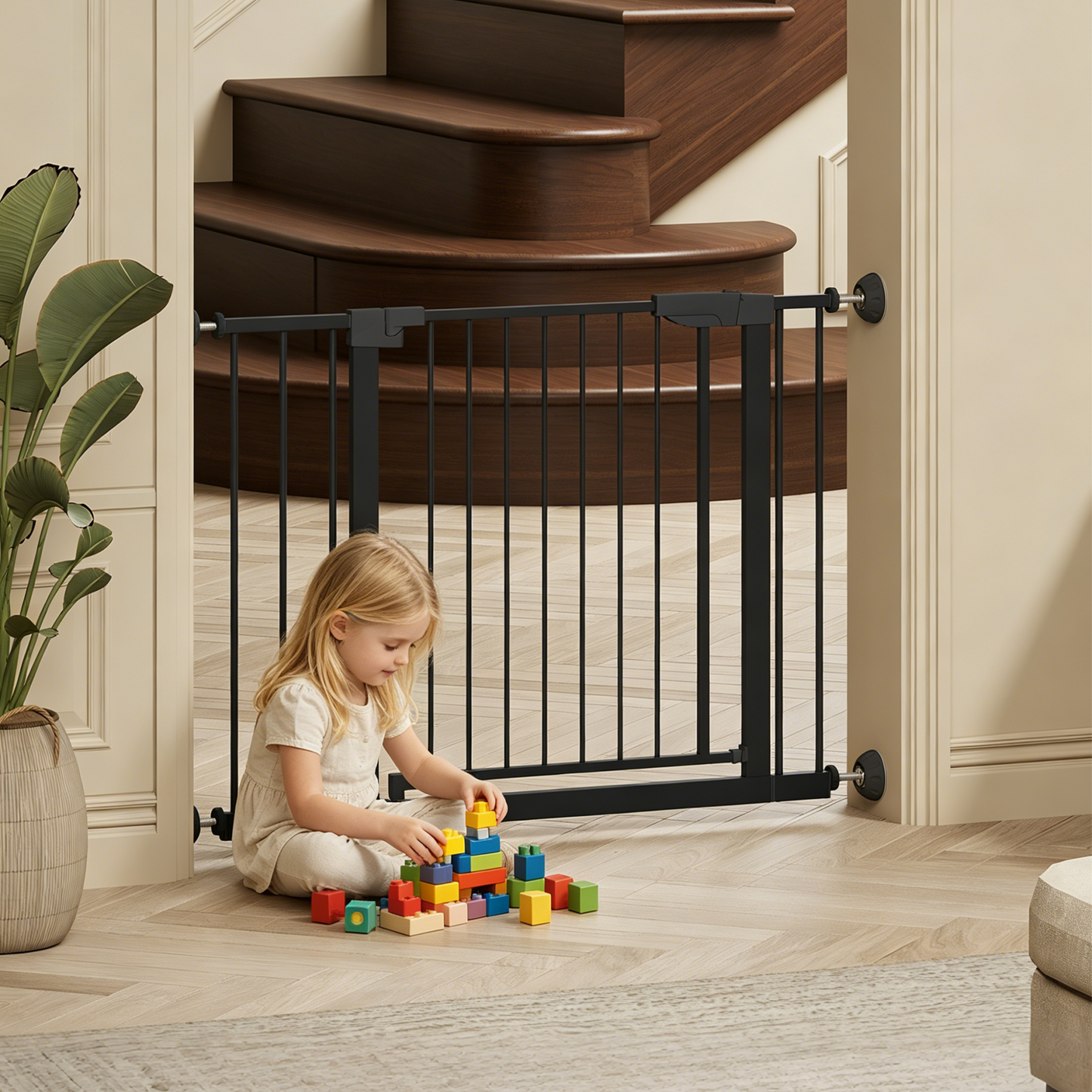 29.5-45.3" Wide Baby Gate with wall protector for Stairs, Dog Gate Indoor for Doorways, No Drilling Pressure Mounted Pet Gates for Kids, Easy Walk Through Safety Gate, Black image 8