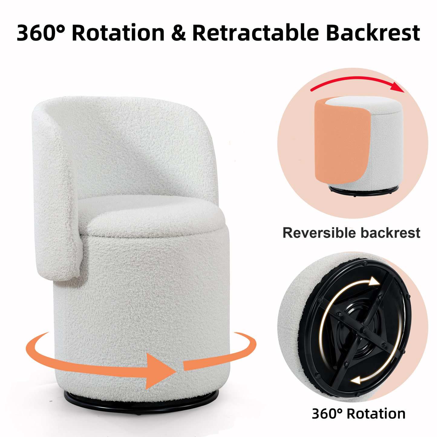 Stylish Upholstered Barrel Chair: 360° Swivel Vanity Stool for Bedroom & Dining Chair, Built-in Storage, Soft Padded Accent Seat, Multi-Functional for Dressing/Dining, Free Cat Bed Stool Included, image 9