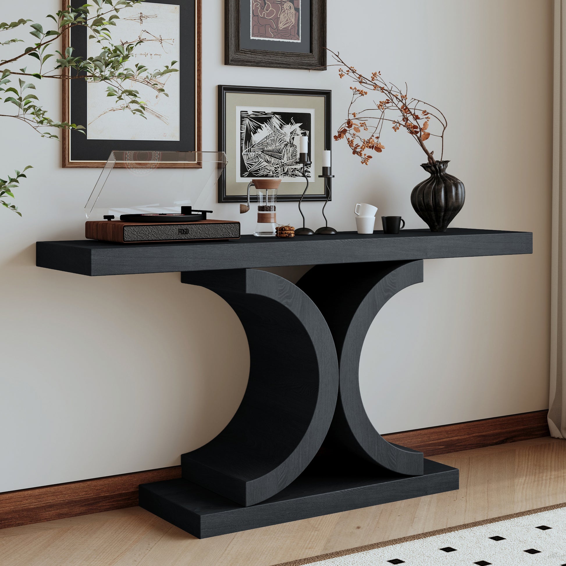 60" Black Console Table, Modern Narrow Sofa Table with Sculptural Curved Base, MDF with Real Wood Veneer Entryway Table, for Living Room, Hallway, Foyer, Black Oak image 6