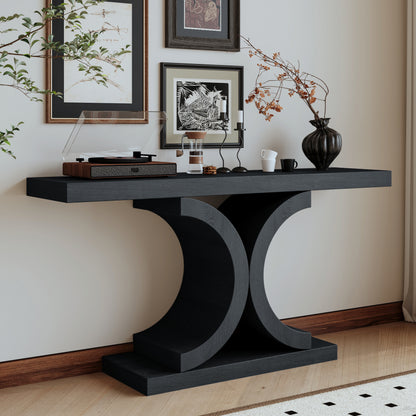 60" Black Console Table, Modern Narrow Sofa Table with Sculptural Curved Base, MDF with Real Wood Veneer Entryway Table, for Living Room, Hallway, Foyer, Black Oak image 6