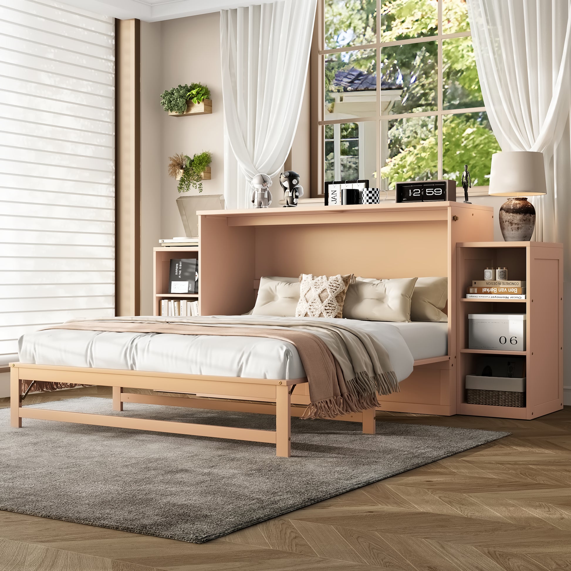Queen size Murphy bed with spacious storage drawers and shelves, Ideal for guest rooms or compact bedrooms,Golden image 2