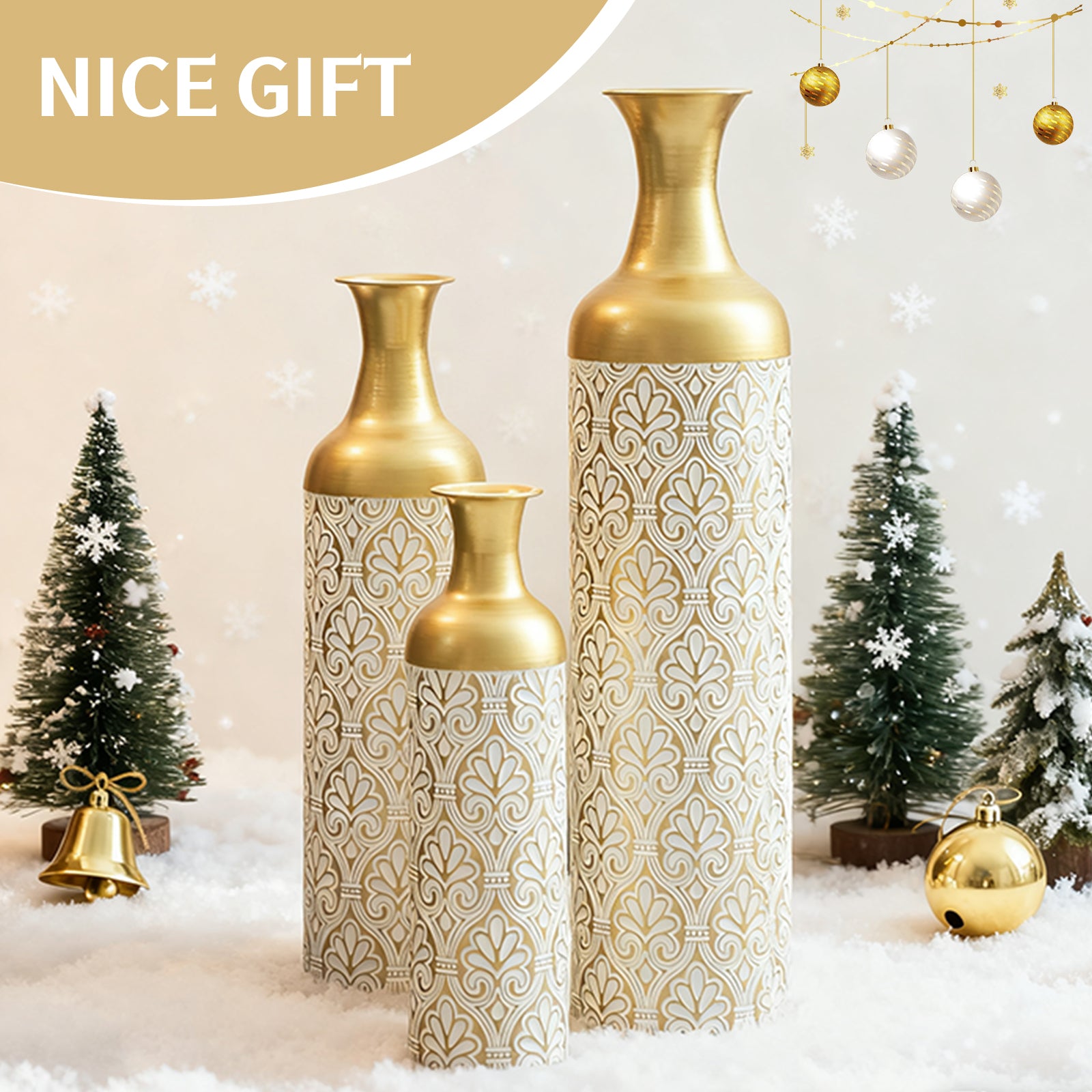 Gold White Metal Vase Set of 3, Tall Decorative Cylinder Flower Vases with Embossed Pattern, Modern Luxury Table Centerpiece for Living Room Home Decor, Shelf Mantel Fireplace Ornaments image 7