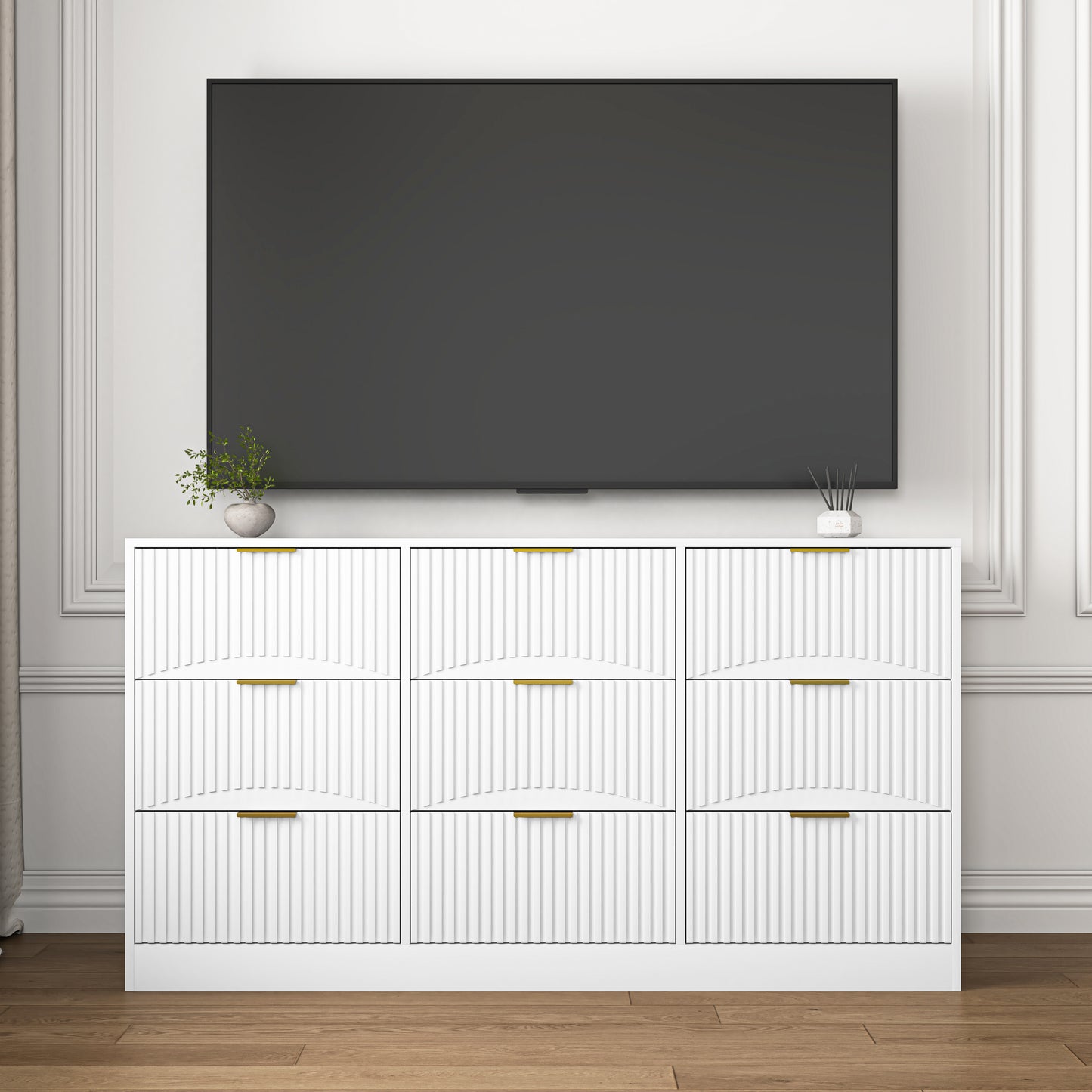 White 9 Drawer Dresser, 63" Large Deep Chest of Drawers, Wooden Dresser Storage Cabinet with 9 Drawers for Bedroom, Long Dressers for Living Room, Hallway, Drawer panel with wavy patterns image 4