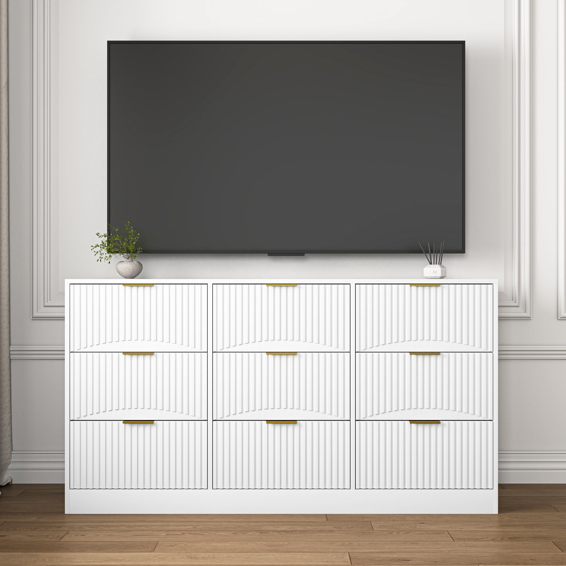 White 9 Drawer Dresser, 63" Large Deep Chest of Drawers, Wooden Dresser Storage Cabinet with 9 Drawers for Bedroom, Long Dressers for Living Room, Hallway, Drawer panel with wavy patterns image 4