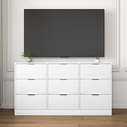 White 9 Drawer Dresser, 63" Large Deep Chest of Drawers, Wooden Dresser Storage Cabinet with 9 Drawers for Bedroom, Long Dressers for Living Room, Hallway, Drawer panel with wavy patterns image 4