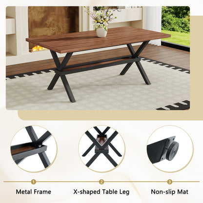 Table and chair set. 71 * 35.4 inch walnut MDF splicing desktop with X-shaped metal frame dining table.Includes 6 white PU dining chairs With Black Metal Legs.Making it an ideal choice for home. image 11