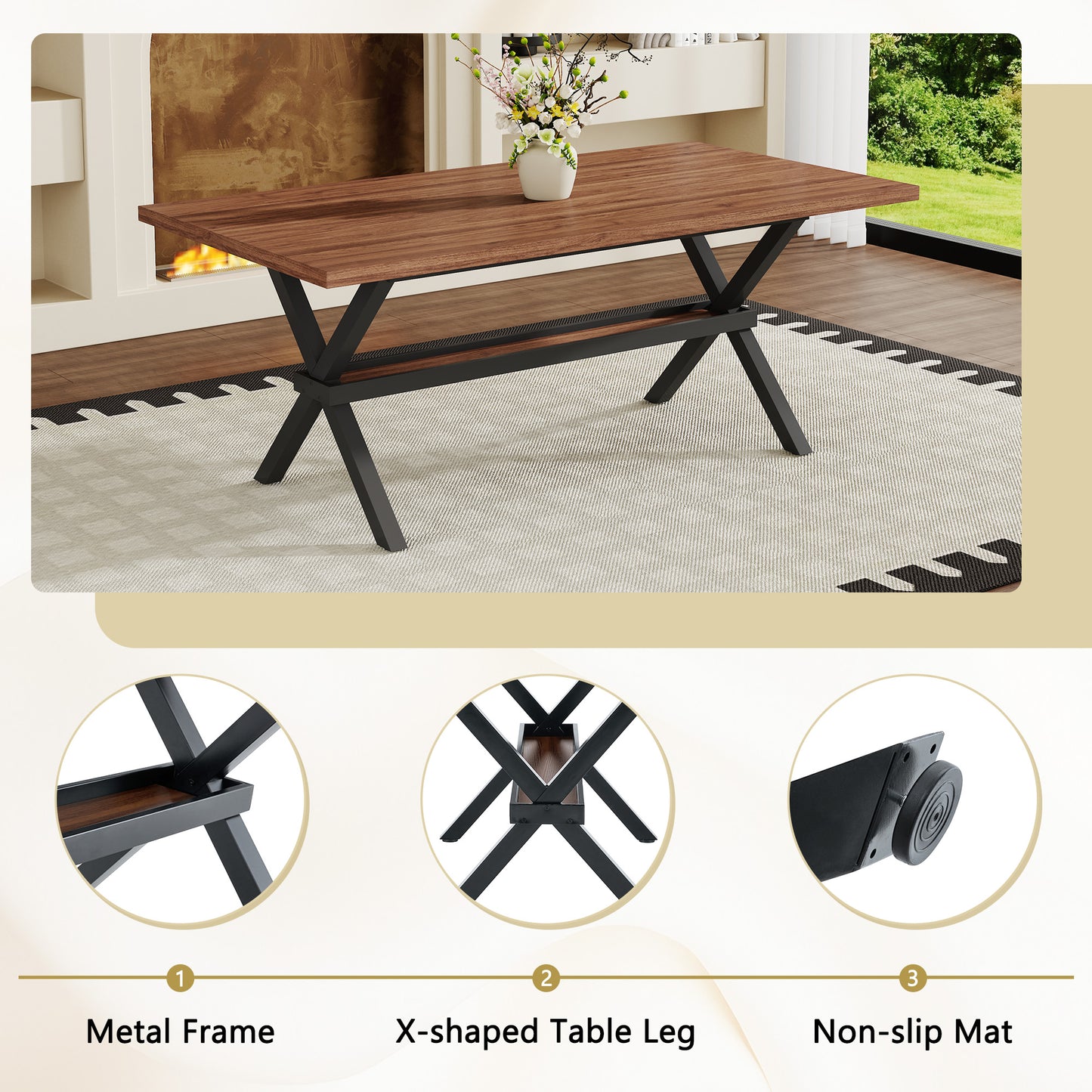 Table and chair set. 71 * 35.4 inch walnut MDF splicing desktop with X-shaped metal frame dining table.Includes 8 white PU dining chairs With Black Metal Legs.Making it an ideal choice for home. image 11