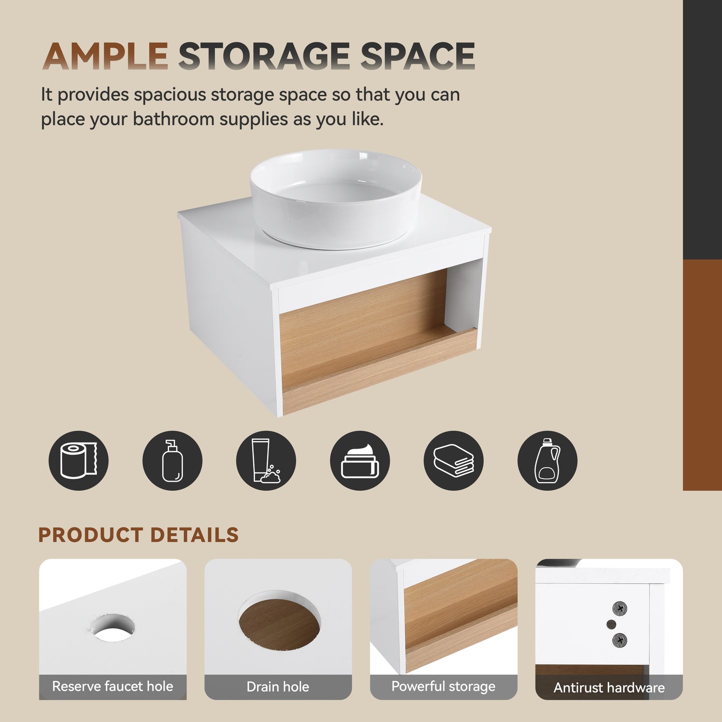 24" Floating Bathroom Vanity with Glossy White Round Vessel Sink, Wall-Mounted Vanity with Open Shelf Storage, White Finish with Durable Countertop, Space-Saving Modern Design (Ships in 2 Boxes) image 7