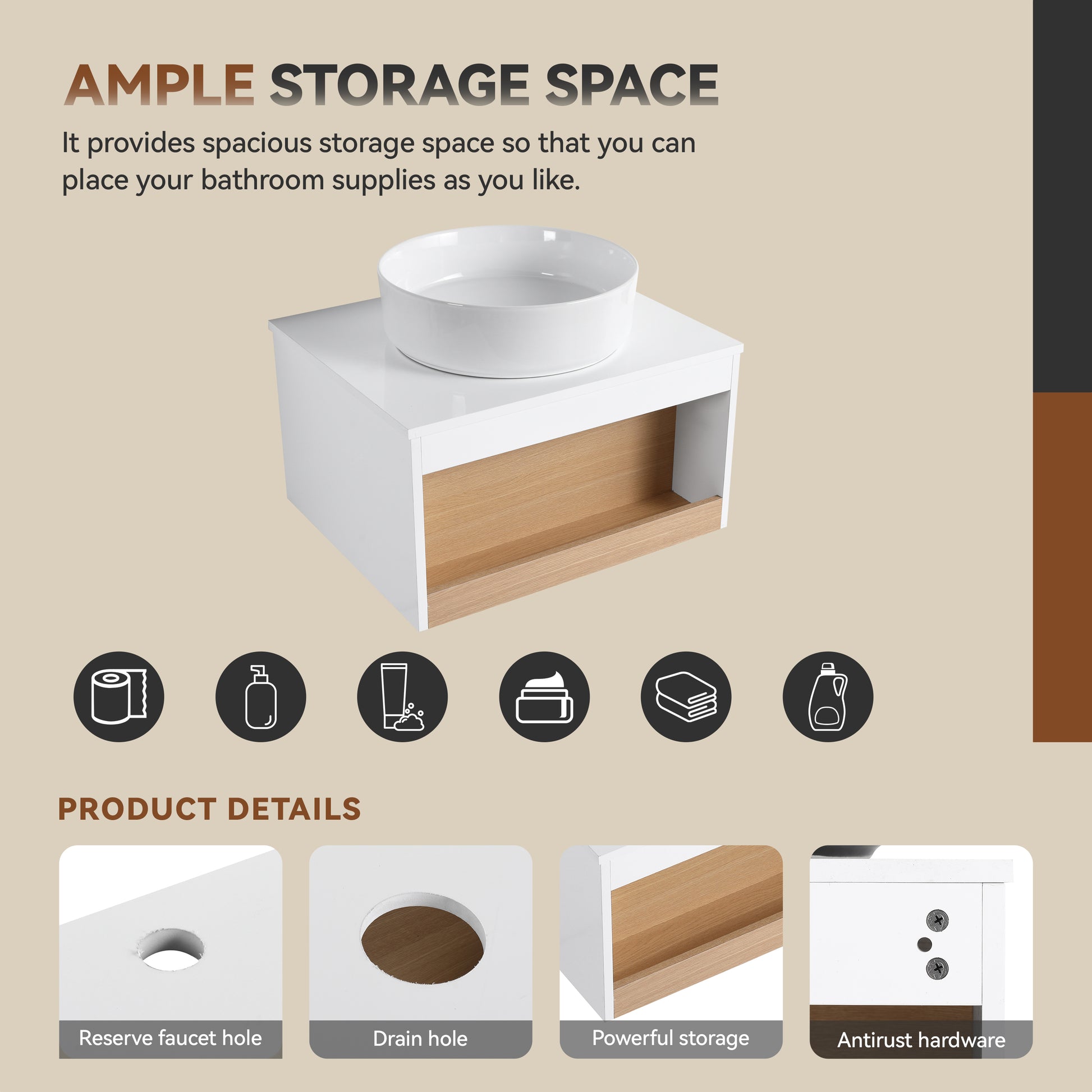 24" Floating Bathroom Vanity with Glossy White Round Vessel Sink, Wall-Mounted Vanity with Open Shelf Storage, White Finish with Durable Countertop, Space-Saving Modern Design (Ships in 2 Boxes) image 7