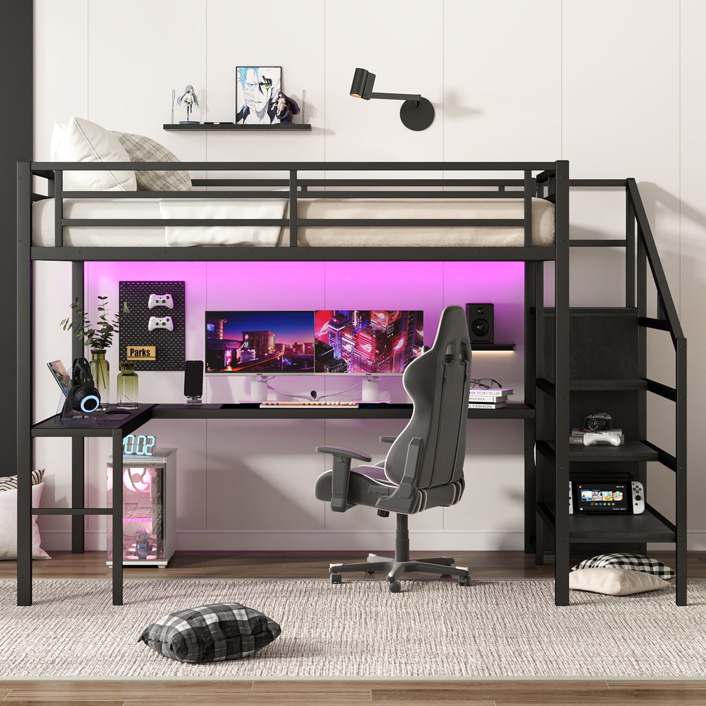 Queen Size Loft Bed with L-shaped Desk and USB, Metal Loft Bed with Wardrobe and Adjustable Shelf, High Loft Bed with LED for Kids Teens Adults, Black image 2