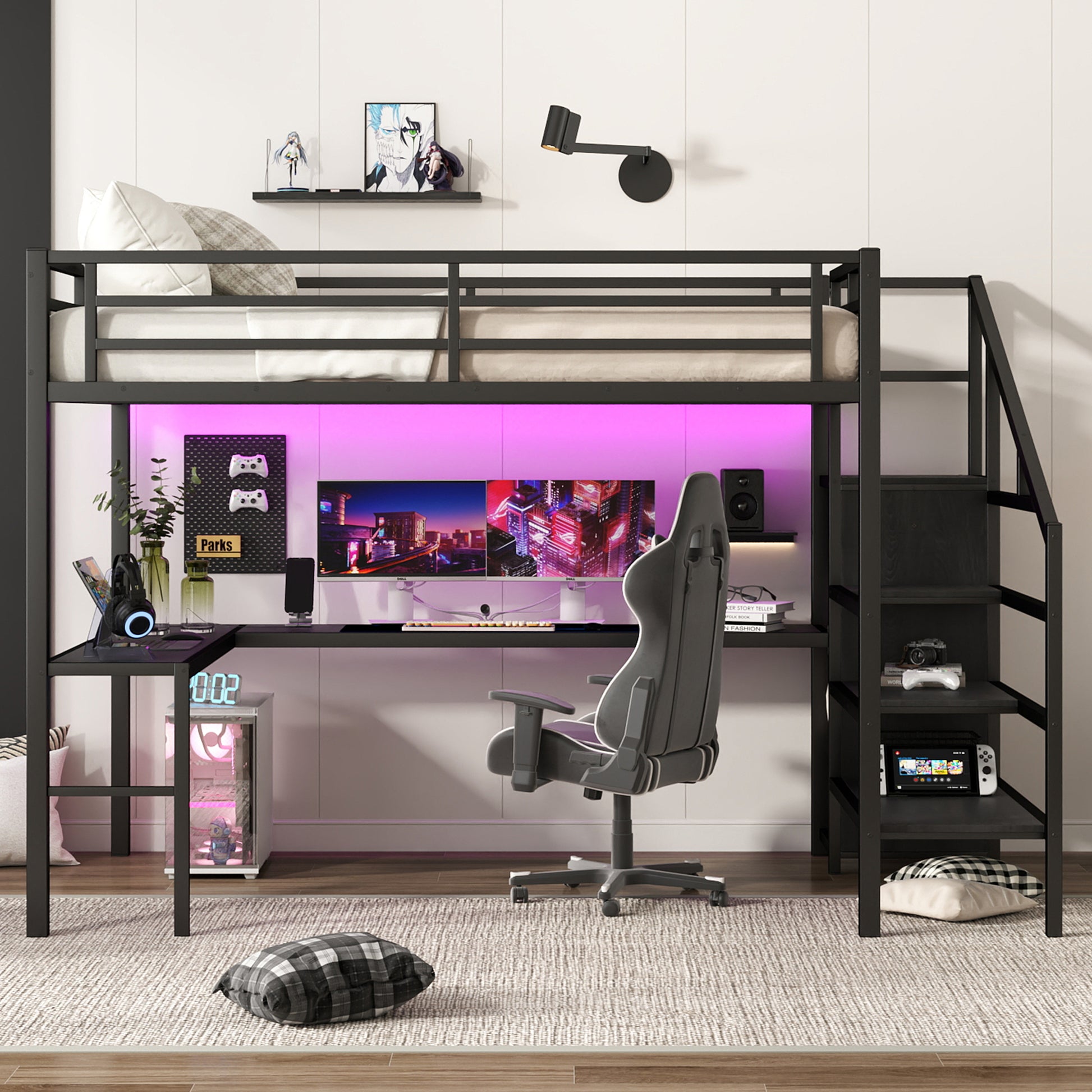 Queen Size Loft Bed with L-shaped Desk and USB, Metal Loft Bed with Wardrobe and Adjustable Shelf, High Loft Bed with LED for Kids Teens Adults, Black image 2