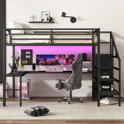 Queen Size Loft Bed with L-shaped Desk and USB, Metal Loft Bed with Wardrobe and Adjustable Shelf, High Loft Bed with LED for Kids Teens Adults, Black image 2