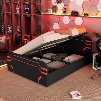 Queen Size Upholstered Gaming Bed with Side-Lift Hydraulic Storage System, Cyberpunk Style Platform Bed with Futuristic Pattern for Gamers & Gen Z, Black+Red image 2