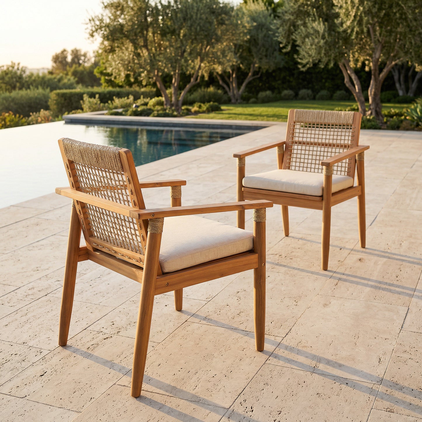 Outdoor Dining Chairs Set of 2, Acacia Wood Patio Armchair with Multi Brown Rope Design Back and Arms and Beige Washable Cushion,for Backyard, Poolside, Garden,Light teak image 6