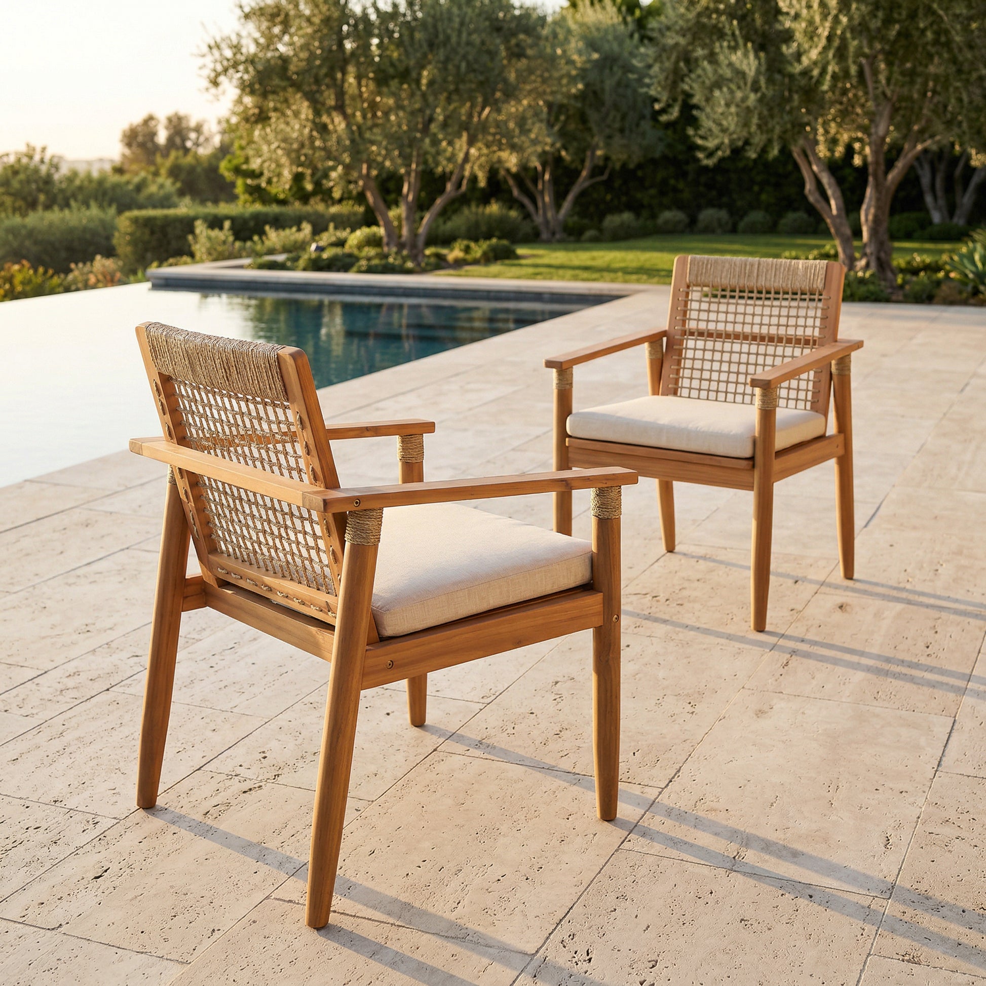 Outdoor Dining Chairs Set of 2, Acacia Wood Patio Armchair with Multi Brown Rope Design Back and Arms and Beige Washable Cushion,for Backyard, Poolside, Garden,Light teak image 6
