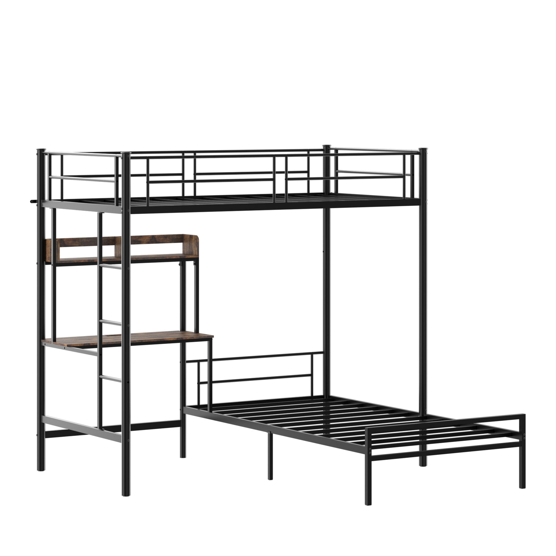 Bunk Bed Twin Over Twin Size with Desk and Charging Station L-Shaped Metal Bunk Bed with Storage Shelves and Bookcase Loft Beds with Safety Guardrail and Ladder for Teen,Black image 11