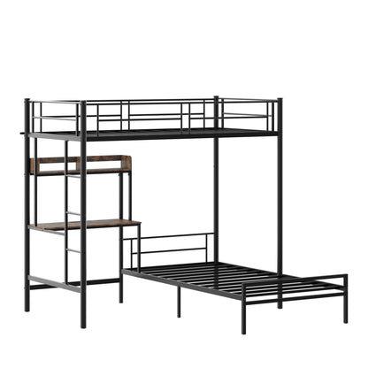 Bunk Bed Twin Over Twin Size with Desk and Charging Station L-Shaped Metal Bunk Bed with Storage Shelves and Bookcase Loft Beds with Safety Guardrail and Ladder for Teen,Black image 11