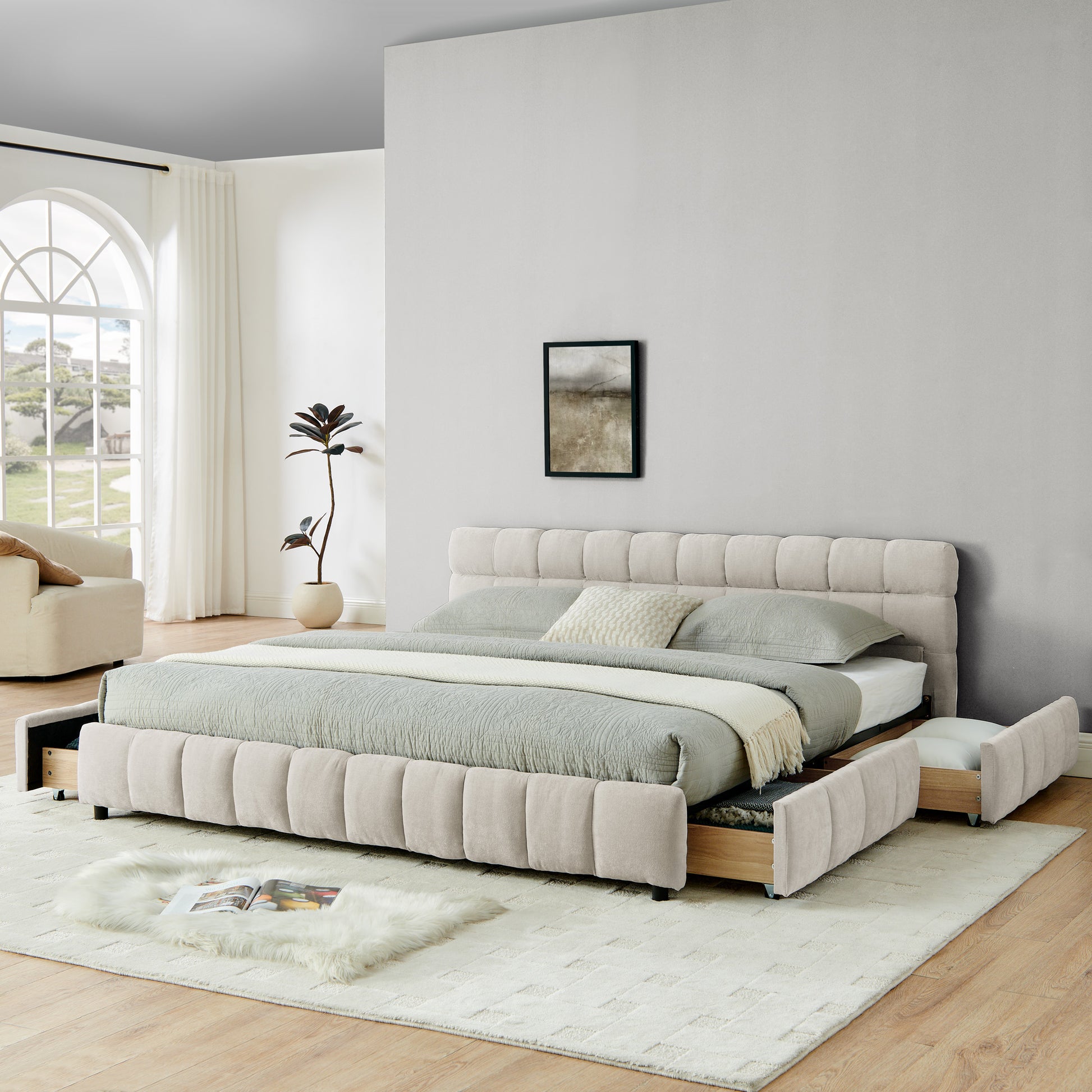 King Size Upholstered Bed,comfortable upholstered bed frame, Chenille fabric, with headboard and solid bed frame. With drawer for storage.-Beige(88.5''*85.5''*31'') image 3