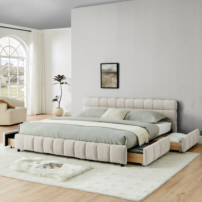 King Size Upholstered Bed,comfortable upholstered bed frame, Chenille fabric, with headboard and solid bed frame. With drawer for storage.-Beige(88.5''*85.5''*31'') image 3