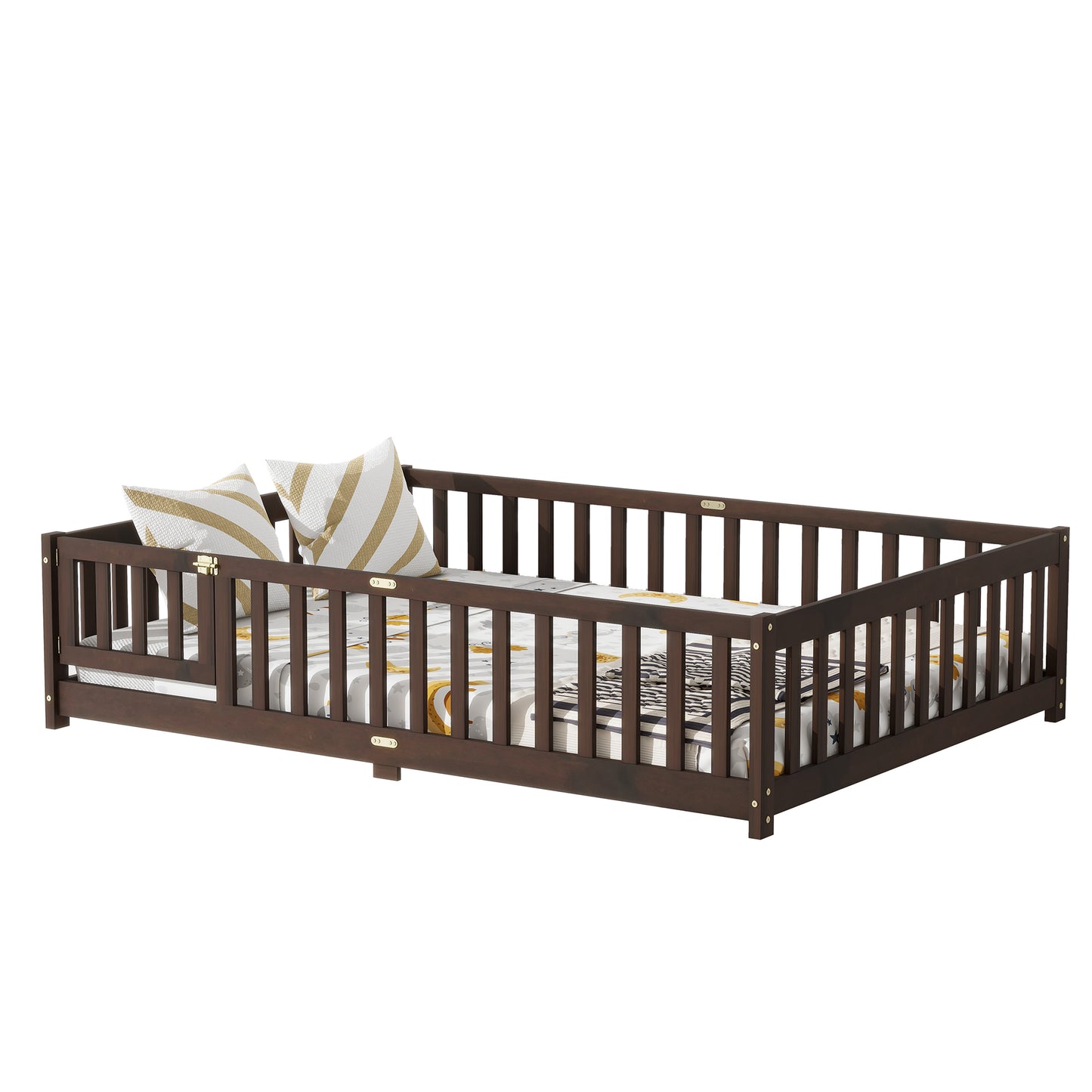 Full Size Floor Bed with Fence and Door,Rubber Wood Floor Bed with Safety Guardrails,Espresso (Old Sku W504P286381) image 11