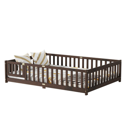Full Size Floor Bed with Fence and Door,Rubber Wood Floor Bed with Safety Guardrails,Espresso (Old Sku W504P286381) image 11