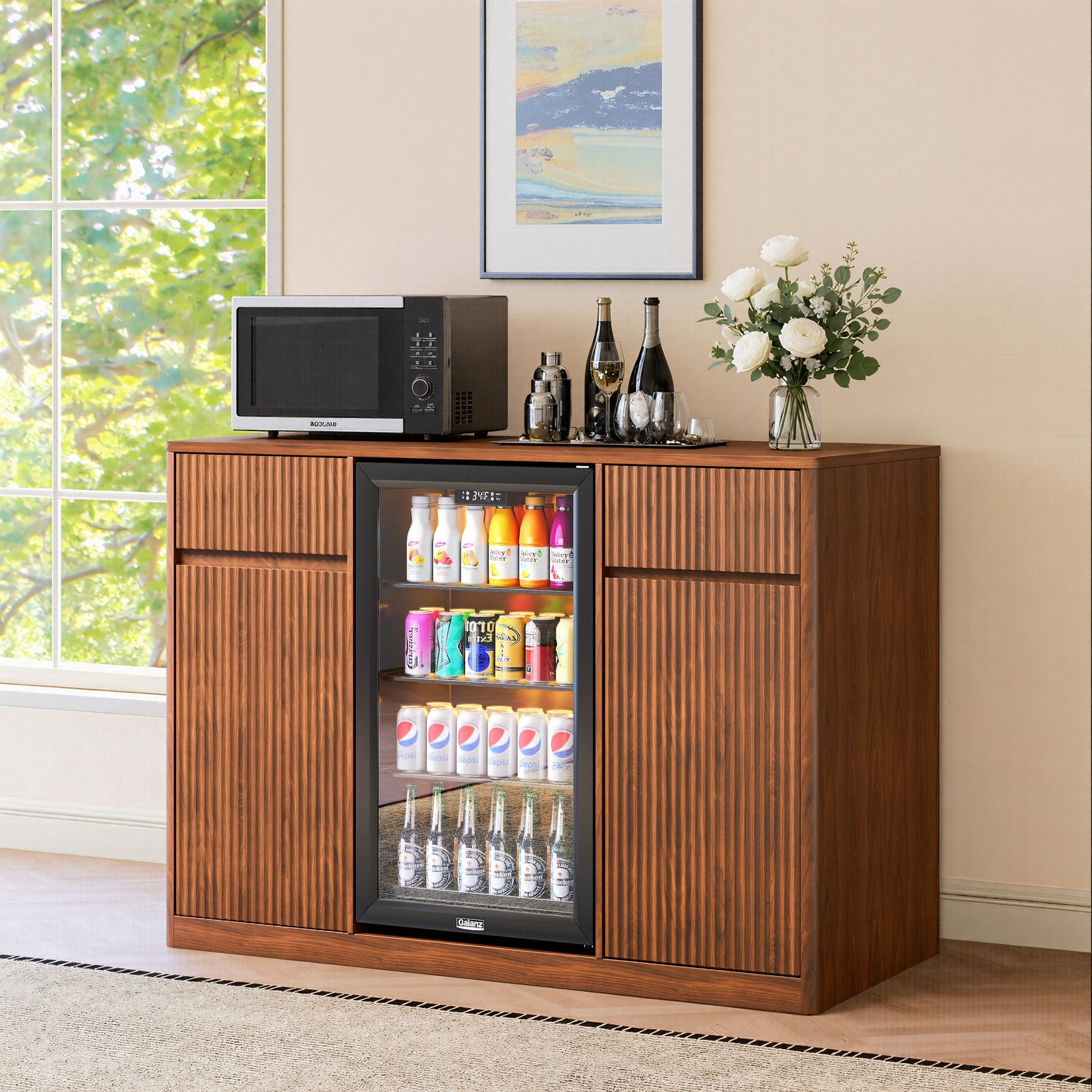 53.2"Fluted Buffet Wine Cabinet with Mini Fridge Nook(Fridge Not Included), Charging Station&Adjustable Shelves, Sideboard Storage Cabinet for Kitchen Living Room,Walnut image 5