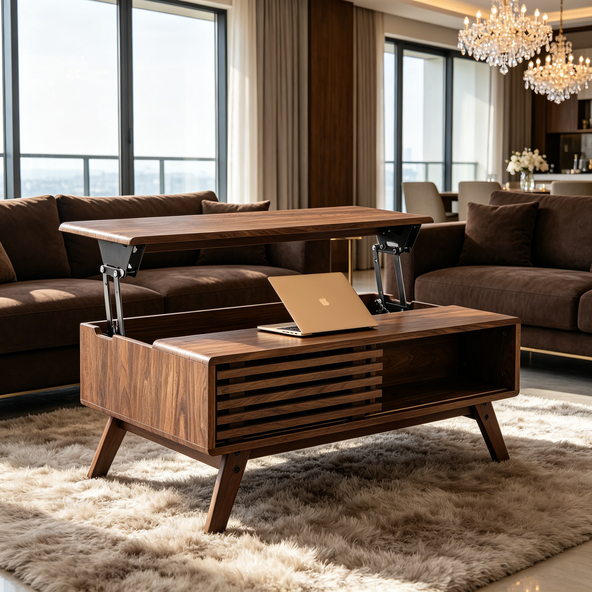 39.37" Mid-Century Walnut Lift Top Coffee Table, Multifunctional Lift-Up Coffee Table with Hidden Storage & Open Shelf for Living Room image 9