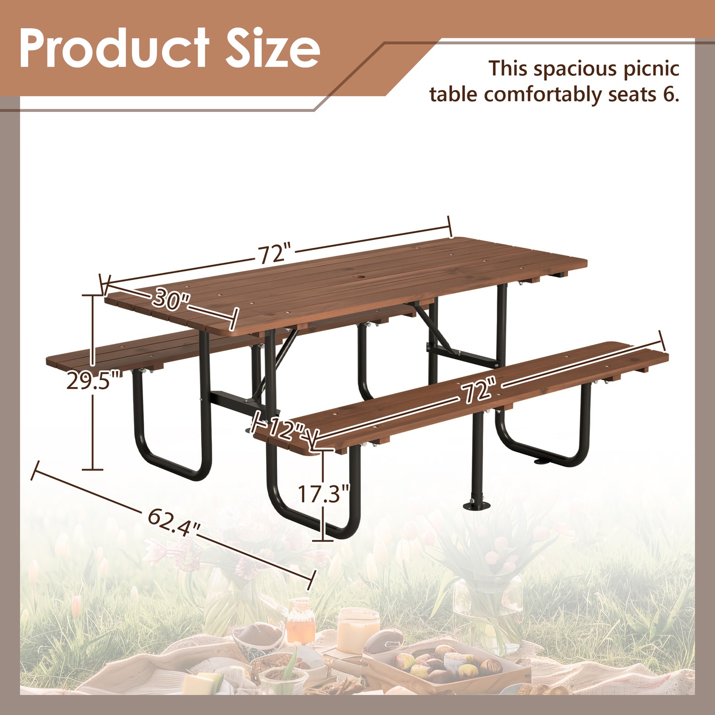 72" Rectangular Outdoor Picnic Table for 6 Person,Heavy Duty Wooden Dining Set with Built-in Benches, 1.97" Umbrella Hole, Waterproof&Corrosion-Resistant, Ideal for Garden, Backyard, BBQ,Courtyardfa image 2