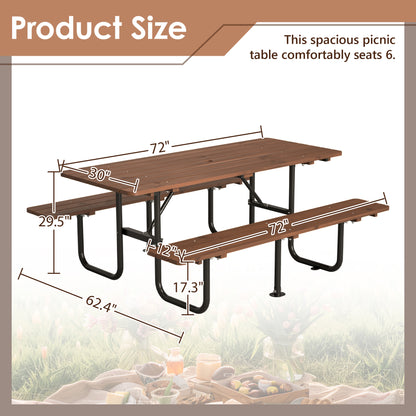 72" Rectangular Outdoor Picnic Table for 6 Person,Heavy Duty Wooden Dining Set with Built-in Benches, 1.97" Umbrella Hole, Waterproof&Corrosion-Resistant, Ideal for Garden, Backyard, BBQ,Courtyardfa image 2