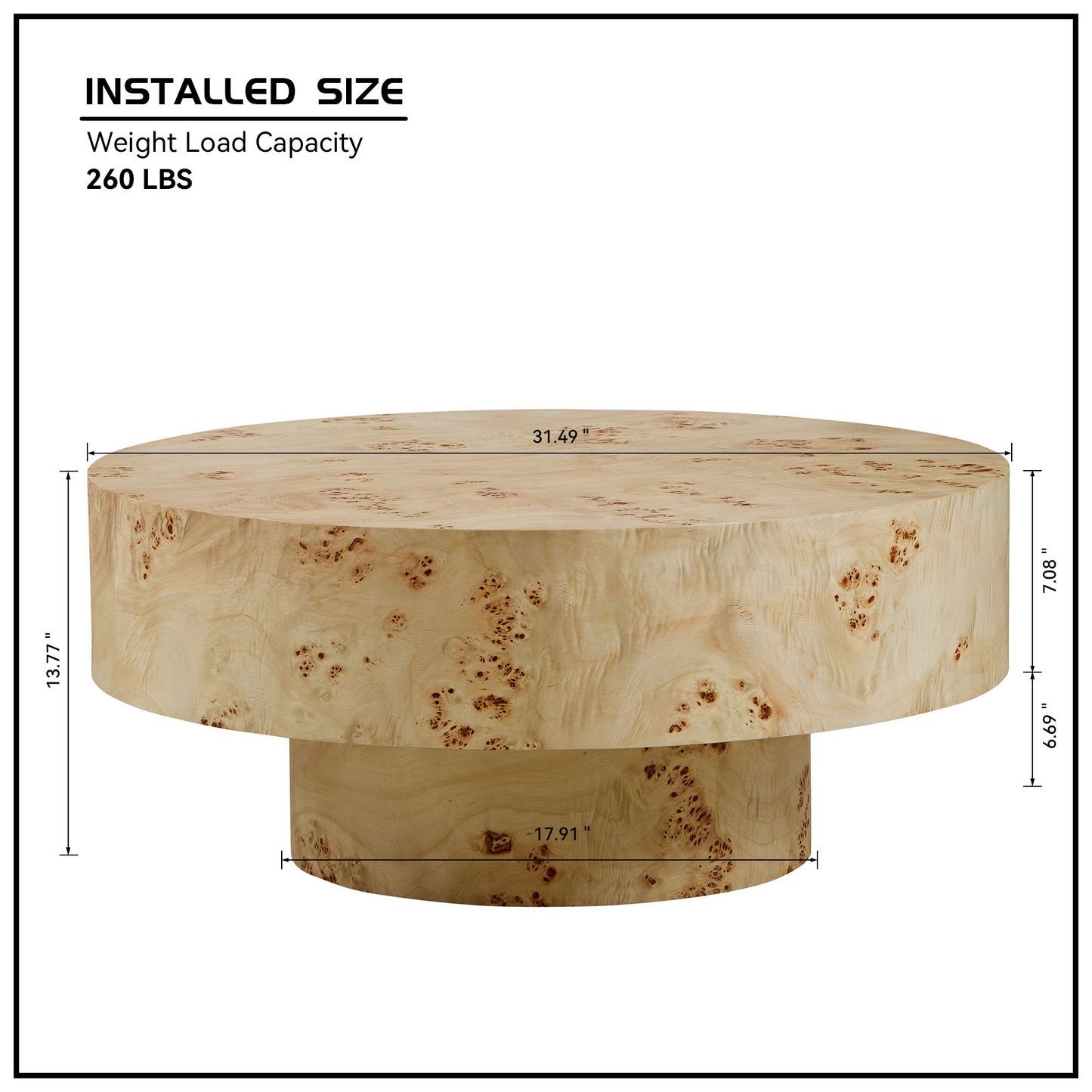 31.49''Mid Century Modern Round Wood Coffee Table with Burl Wood Veneer and Sturdy Pedestal for Living Room Office Apartment image 5