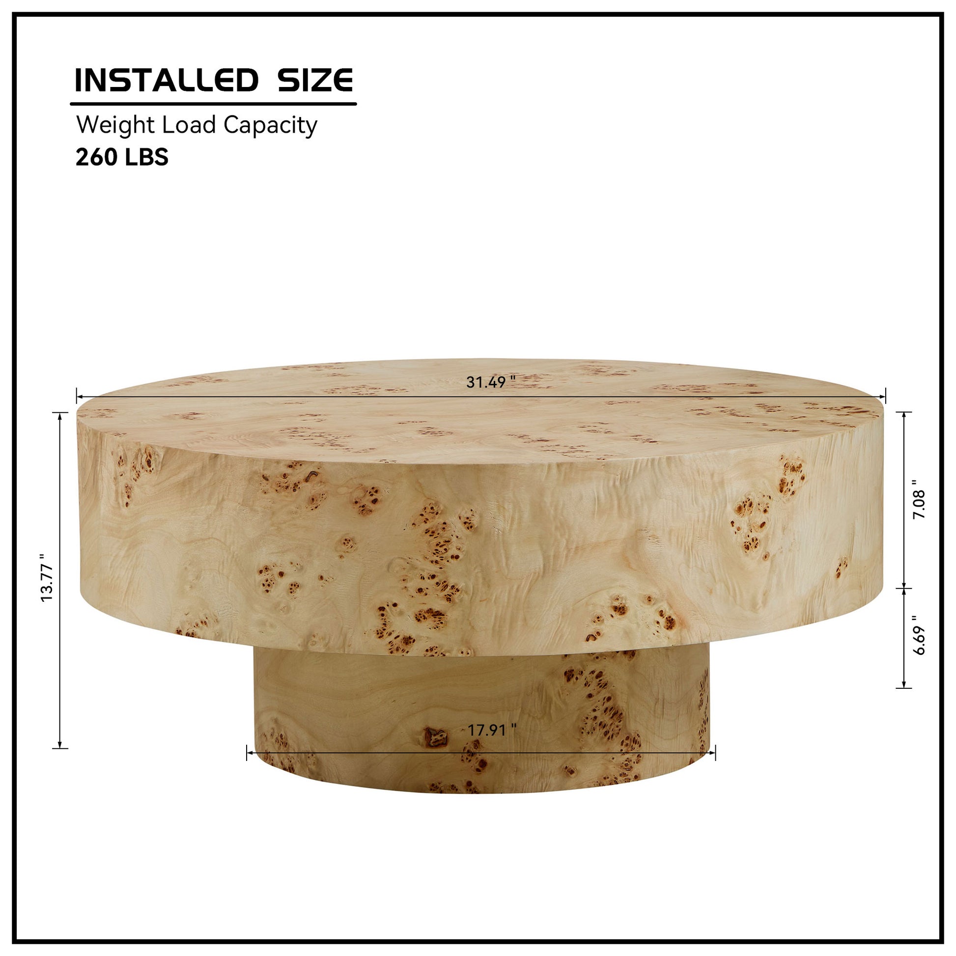 31.49''Mid Century Modern Round Wood Coffee Table with Burl Wood Veneer and Sturdy Pedestal for Living Room Office Apartment image 5