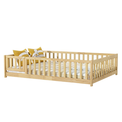Twin Size Floor Bed with Fence and Door,Rubber Wood Floor Bed with Safety Guardrails,Natural (Old Sku W504P296778) image 6