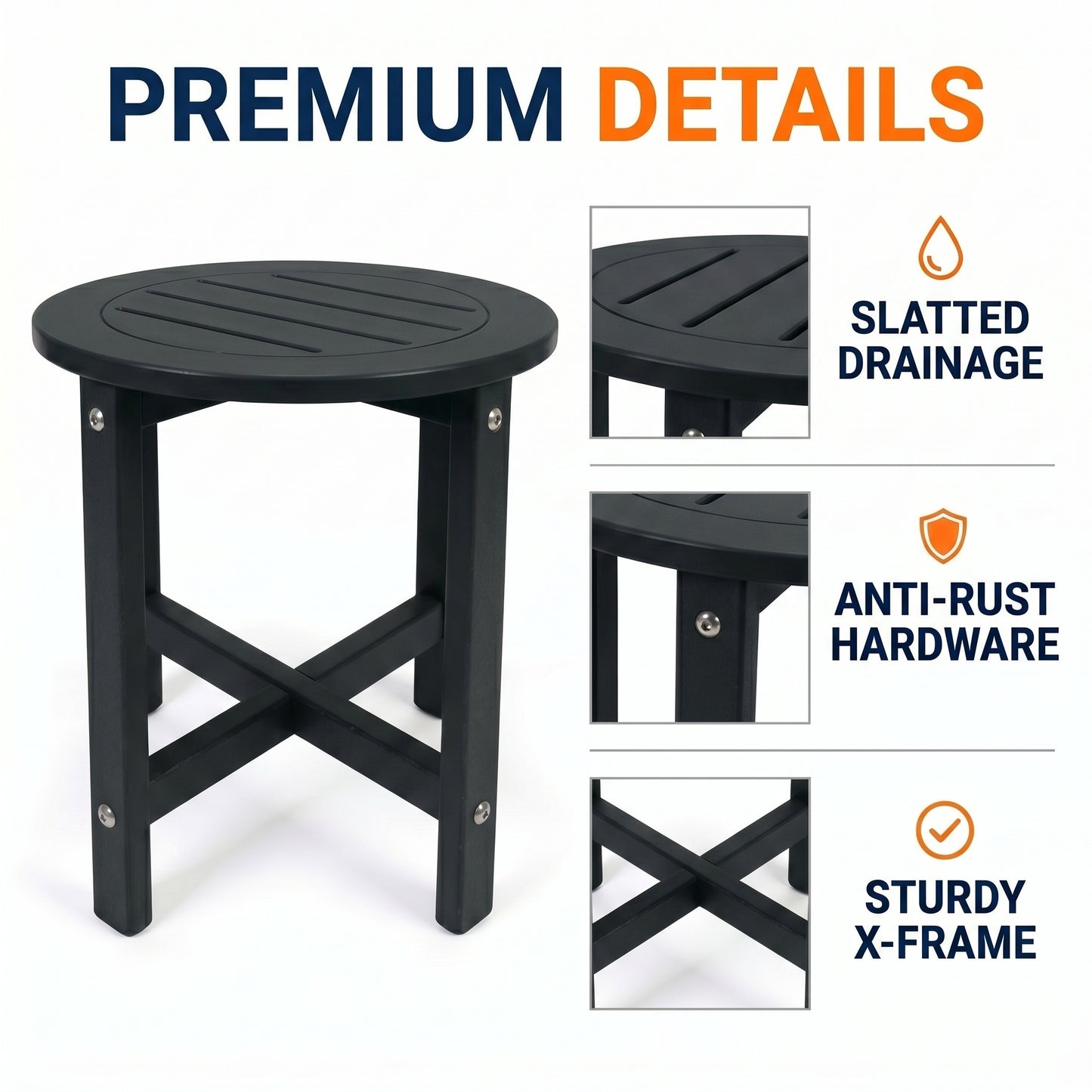 Black HDPE Outdoor Side Table, 15.94 in. L x 15.94 in. W x 17.71 in. H, Small All-Weather Patio End Table image 7