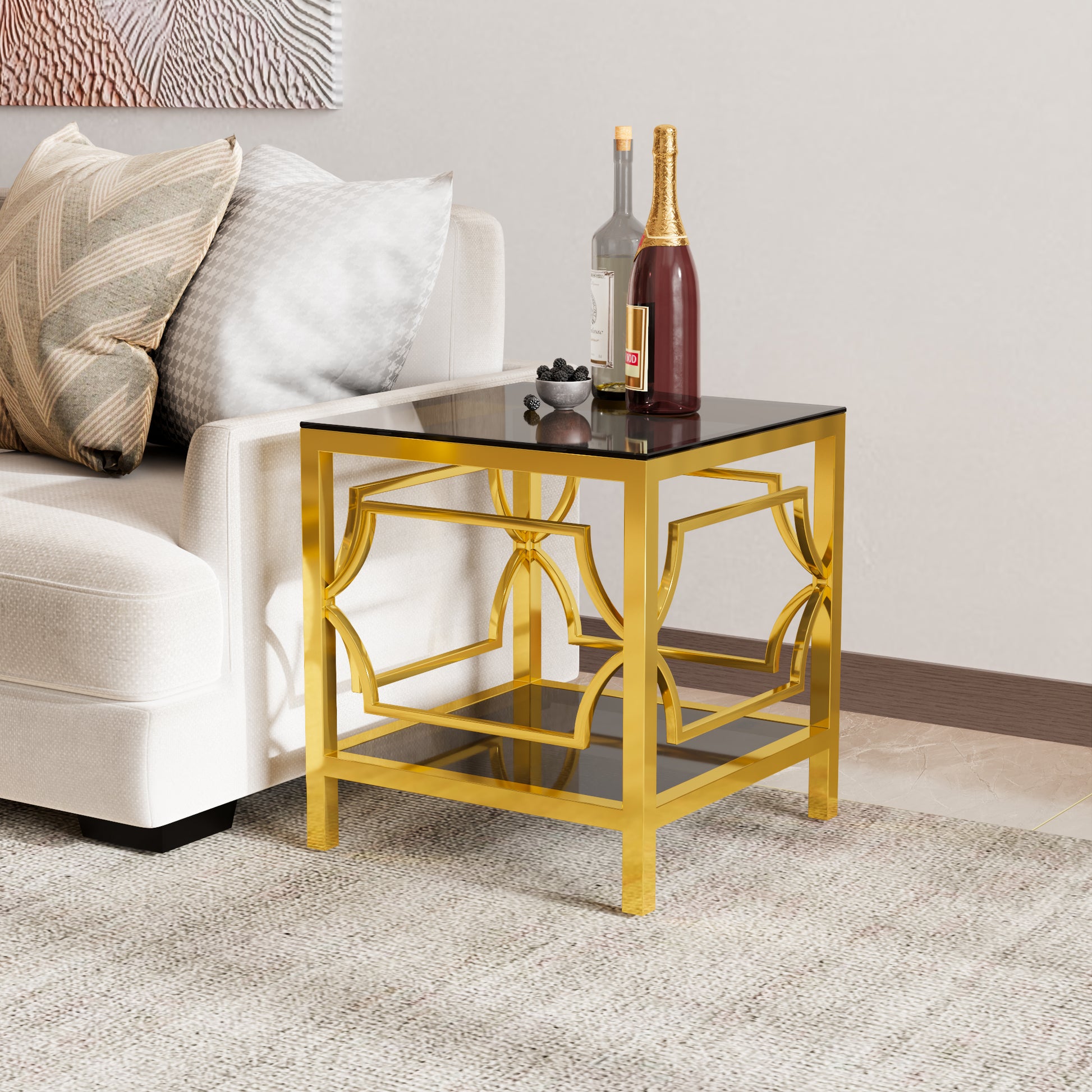 19.7" Modern Gold Square Side Table with Tempered Glass Top & Storage Shelf, Luxury Glam End Table with Metal Frame for Living Room, Bedroom, Sofa Side, Small Space Accent Table image 2