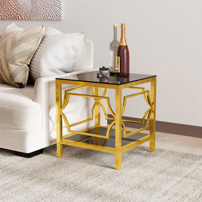 19.7" Modern Gold Square Side Table with Tempered Glass Top & Storage Shelf, Luxury Glam End Table with Metal Frame for Living Room, Bedroom, Sofa Side, Small Space Accent Table image 2