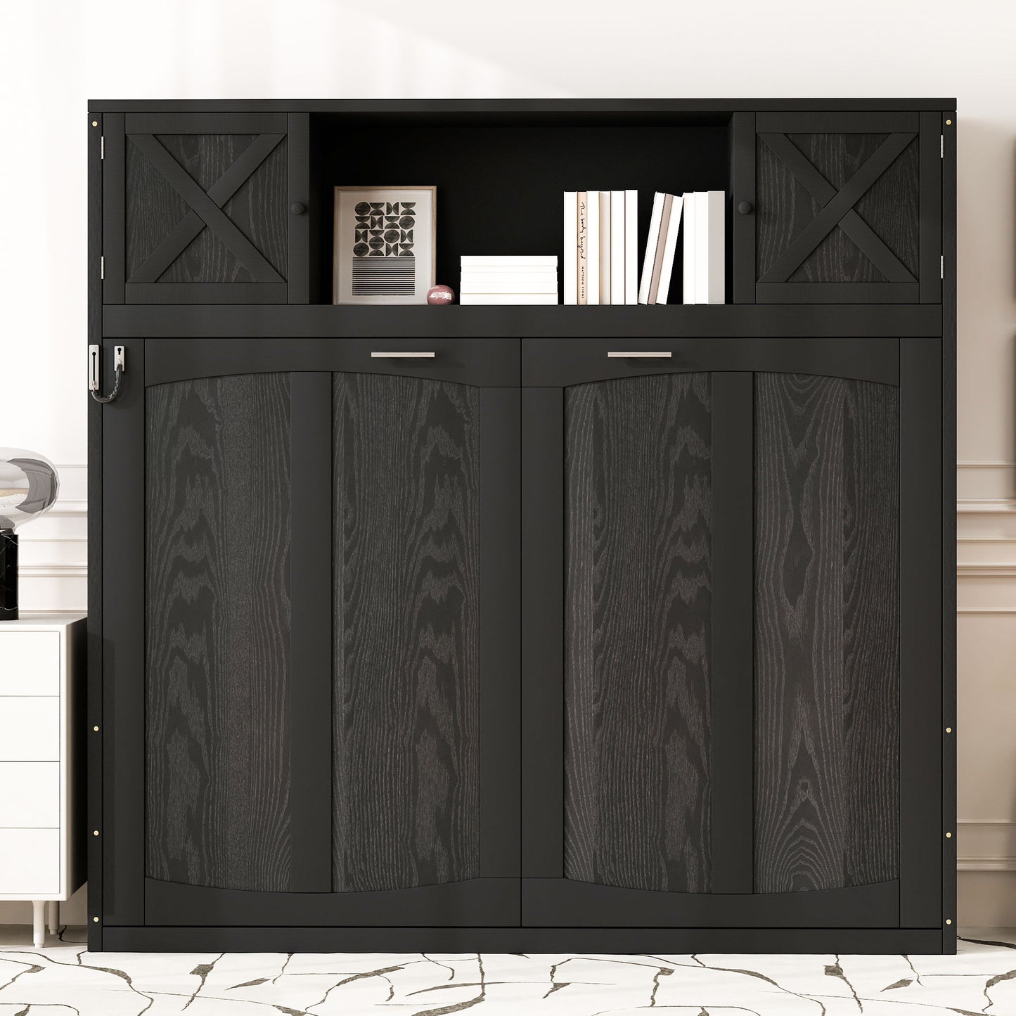 Full Size Murphy Bed with Storage Cabinets, Black image 3