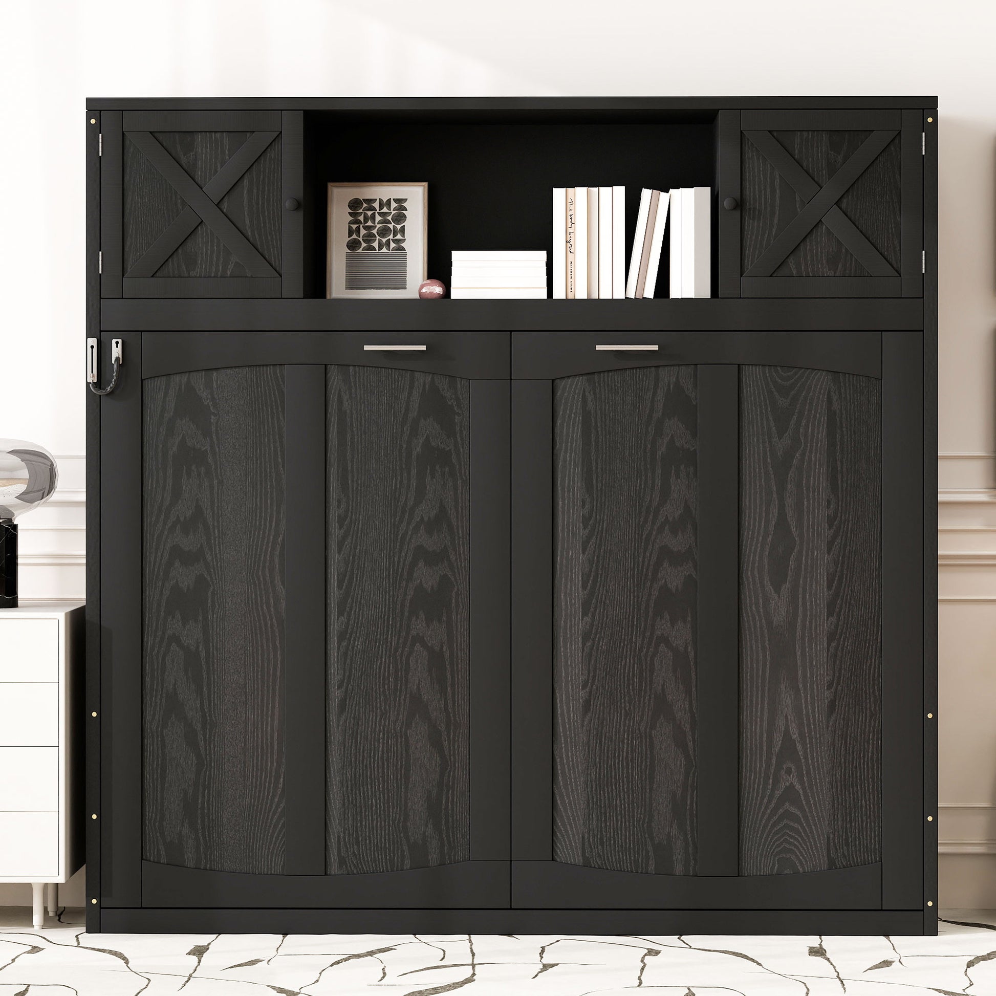 Full Size Murphy Bed with Storage Cabinets, Black image 3