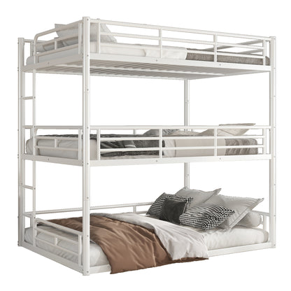 Full over Full over Full Bunk Bed, Metal Triple Bunk Bed with Safety Guardrails, Heavy-duty Bunk Bed with Noise-reduced Design, White image 12