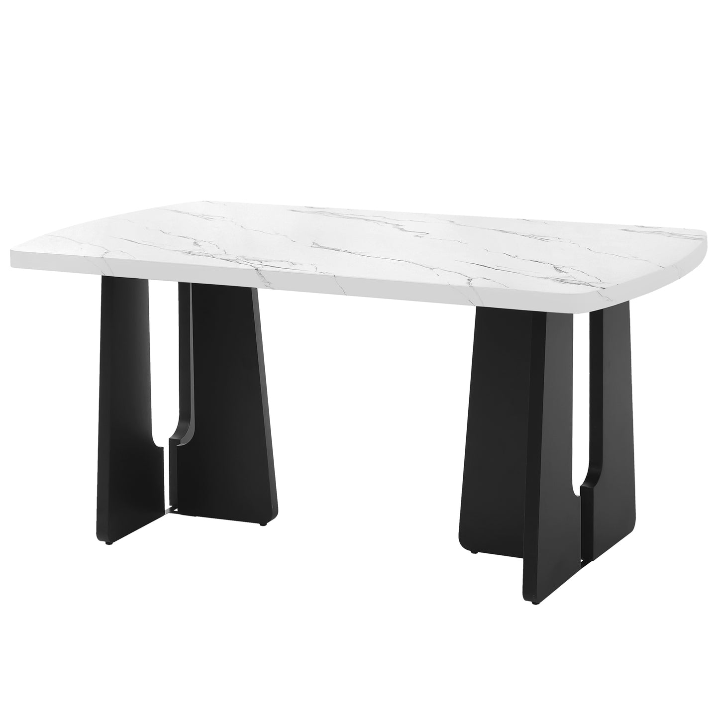 63" Modern Faux Marble Dining Table - Black/White Marble Top with Sturdy Geometric Legs, Stylish Kitchen & Dining Room Table for Home, Apartment, Office, Easy to Assemble, White+Black image 8